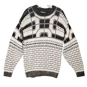 J.J. Cochran Sweater Mens L Cream Black Geometric Vintage 90s Coogi Style Knit